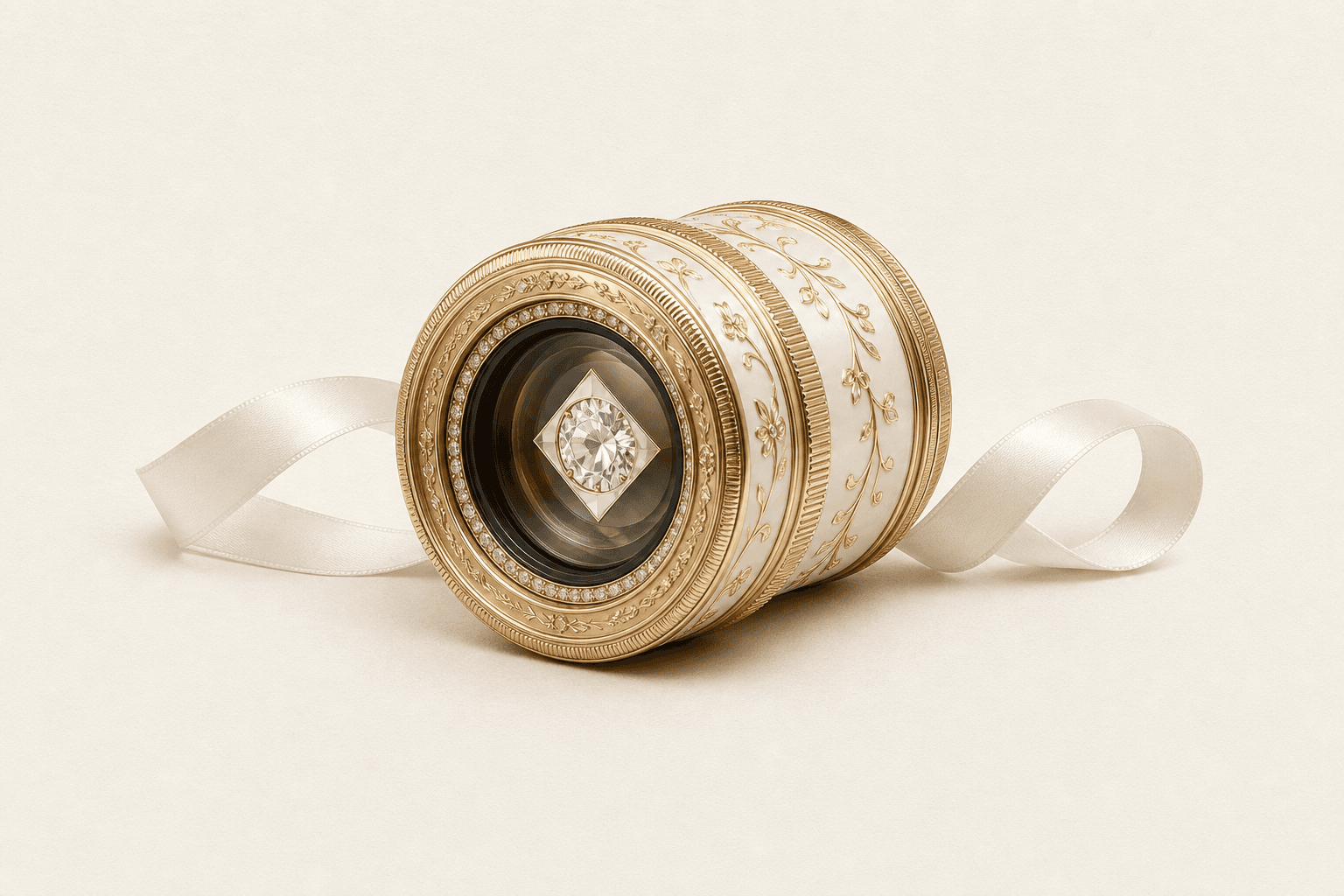 A jewelled ivory camera lens wrapped in a silk ribbon